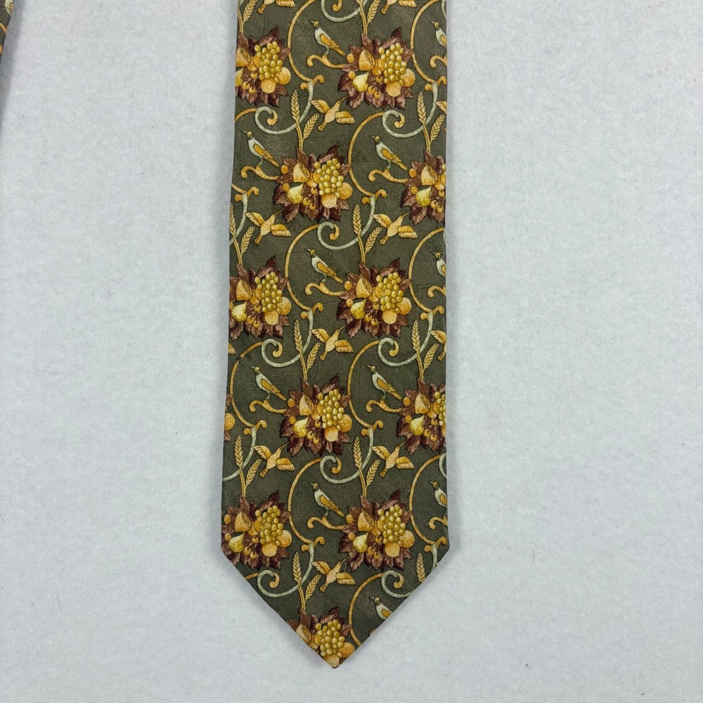 Ermenegildo Zegna Silk Mens Tie Floral Green Gold Italy Old Money 3.5"x59" FLAW - Picture 3 of 10